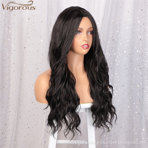 Vigorous Daily Use Women hair Long Wavy Middle Part Synthetic Black For Black Women Heat Resistant Fiber Wigs Wholesale